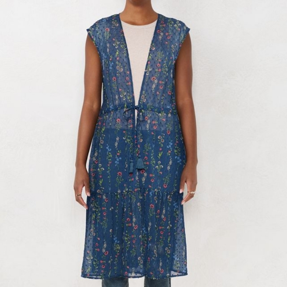 LC Lauren Conrad Navy Swiss Dot Floral Botanical Kimono/Duster